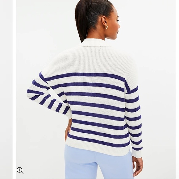 LOFT NWT Striped Lace Up Polo Sweater Women's Medium Blue‎ White Nautical Preppy - Picture 2 of 10